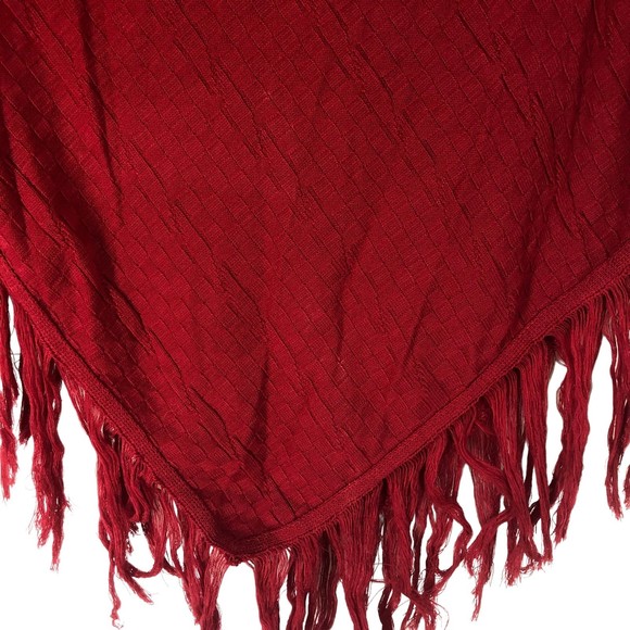 Lipstick Red Basketweave Knit Poncho Sweater w/Chunky Fringe, Cowl Neck sz OS - Picture 5 of 7